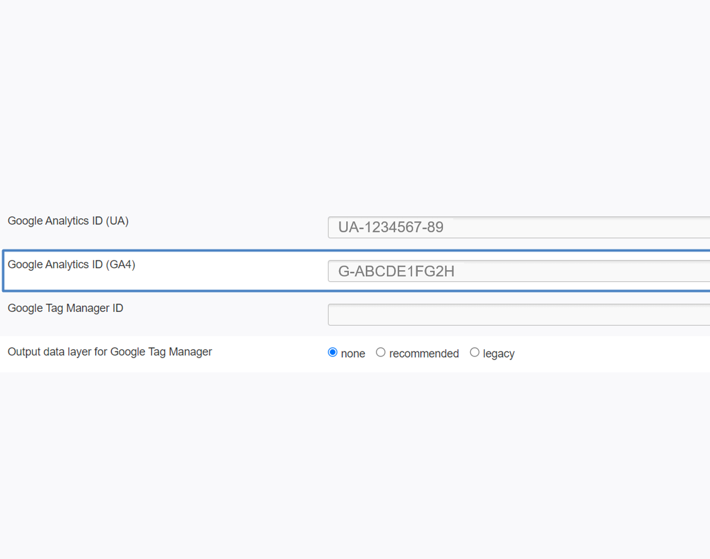 This method will send data directly from the website to your GA4 property.

Iconography strongly recommend using the direct tracking method.

You will need to enter your Measurement ID from GA4 in the Site Settings of the CMS. The addition of a 'GA4 ID' field is part of the updates we have be actioning for all clients.

Google Help Center: Finding your Measurement ID
